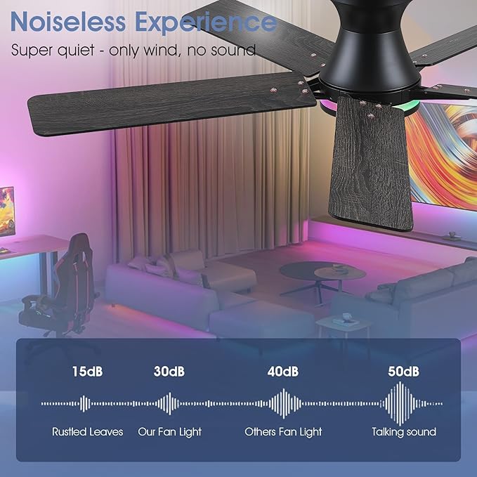 52" RGB Ceiling Fans with Lights and Remote/APP,Black Low Profile Ceiling Fans,Modern Flush Mount Ceiling Fans for Bedroom Kids Room