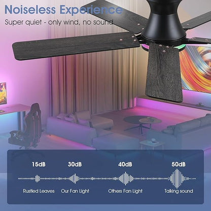 52" RGB Ceiling Fans with Lights and Remote/APP,Black Low Profile Ceiling Fans,Modern Flush Mount Ceiling Fans for Bedroom Kids Room
