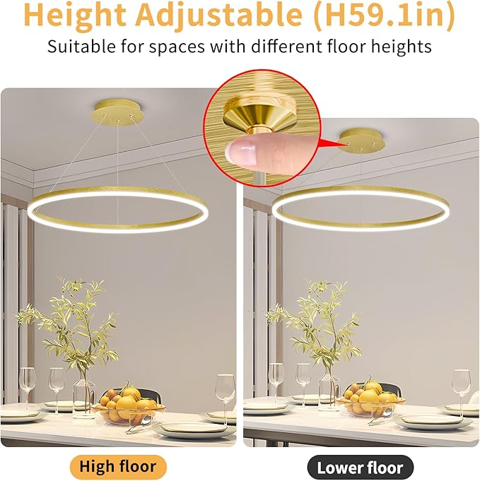 Mikeru Modern Ring Chandelier Light, LED Pendant Light Fixtures with Remote Control 3000k-6500K Adjustable Color Temperature Light for Living Room, Bedroom, Kitchen （15.7in