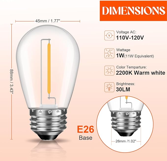 GvvooHome 48 Pack Shatterproof LED Replacement Bulbs for Outdoor String Lights, S14 Edison Bulbs for Patio String Lights Outdoor Waterproof, Warm White 2200K, Dimmable, E26 Standard Base