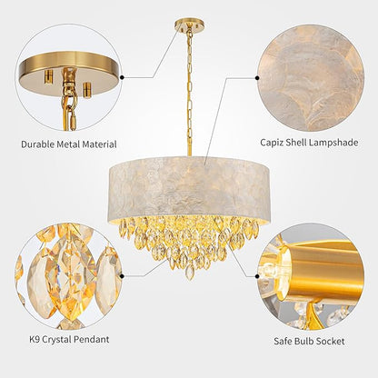 X-Large 6-Light Drum Capiz Shell K9 Crystal Chandelier, Coastal Style Pendant Light Fixture for Dining Room, Living Room, D24 * H24~70 Inch (Adjustable), Champagne Crystal & Chrome Finish