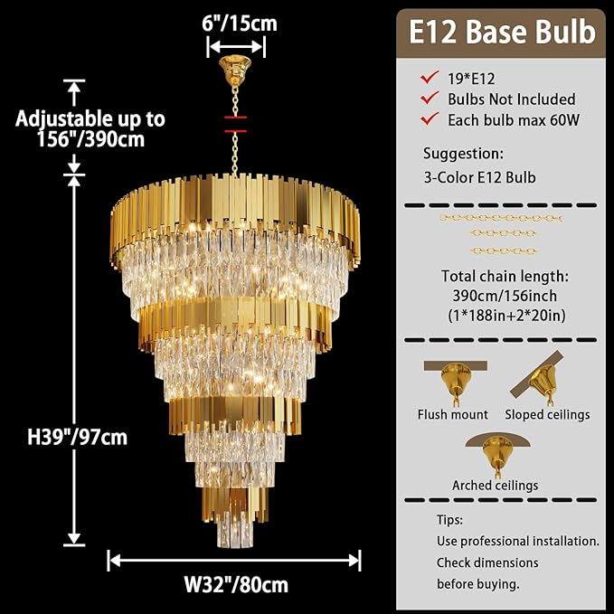 11-Tier K9 Crystal Chandelier, 32" Modern Gold Adjustable Height Pendant Light, Luxury Round Chandeliers for High Ceiling, Foyer, Staircase, Entryway, Two-Story Living Room