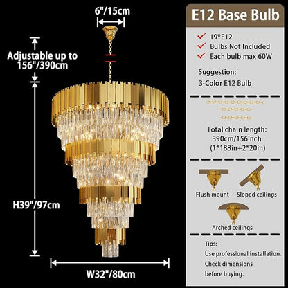 11-Tier K9 Crystal Chandelier, 32" Modern Gold Adjustable Height Pendant Light, Luxury Round Chandeliers for High Ceiling, Foyer, Staircase, Entryway, Two-Story Living Room