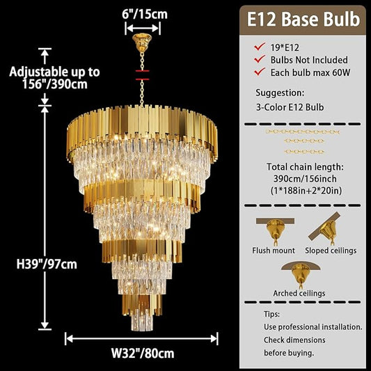 11-Tier K9 Crystal Chandelier, 32" Modern Gold Adjustable Height Pendant Light, Luxury Round Chandeliers for High Ceiling, Foyer, Staircase, Entryway, Two-Story Living Room