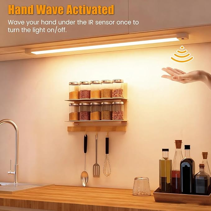 MYPLUS 16 Inch Under Cabinet Lights with Hand Wave, Under Counter Lighting 3000K Warm White,Dimmable,Plug and Play,LED Lights for Kitchen Cabinet, Cupboard, Closet, Desk