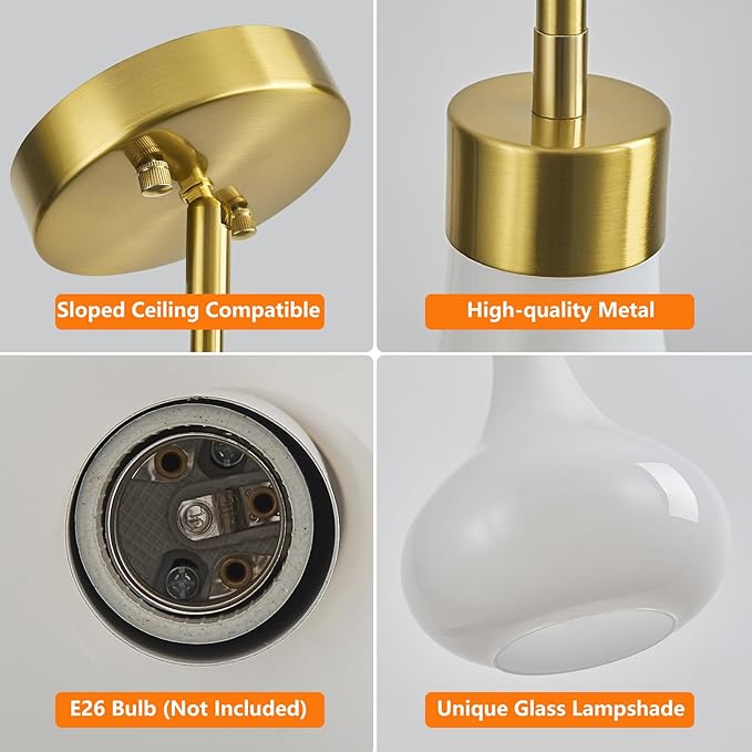 Modern Glass Pendant Light 9.44 in MilkyLuster Glass Shade Gold Farmhouse Island Pendant Lights for Kitchen Pendant Lighting Over Sink Bedroom Dining Room