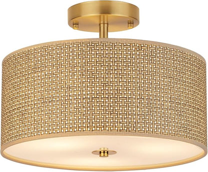 13" Woven Rattan Boho Ceiling Light Fixture, 3-Light Modern Semi Flush Mount Lamp with Drum Fabric Shade, Rustic Brown Lighting for Bedroom, Dining Room, Living Room, Hallway, Entryway