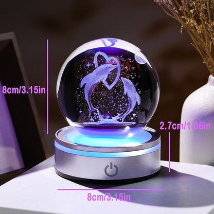 Crystal 3D Dolphins 3.15in Ball Figurine Gifts for Women, Collectible Glass Animal Art for Room with LED Light Base Keepsakes for Dolphin Lovers Home Decor Paperweight