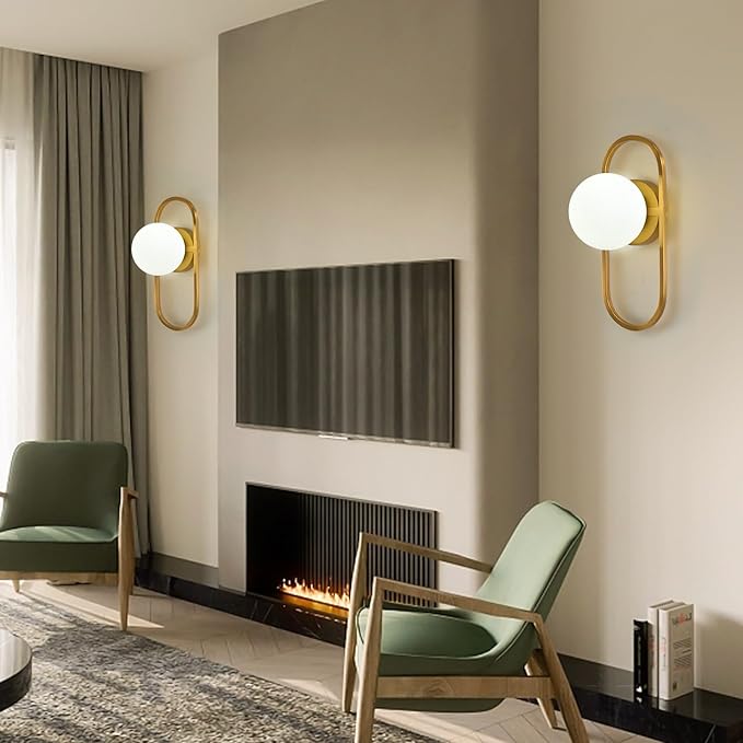 SeeU Mid Century Wall Sconces Modern Gold Vanity Wall Lamp with White Globe Lampshade Wall Light Fixture for Bathroom Bedroom Living Room Set of 2