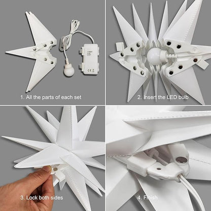 Leejec 9.4" Moravian Star Outdoor Light with Remote Control, Christmas Decorations, Indoor Hanging, Warm White LED Light, Battery Operated with Timer Function, 4-Pack, Tree, Ceiling, Balcony Décor