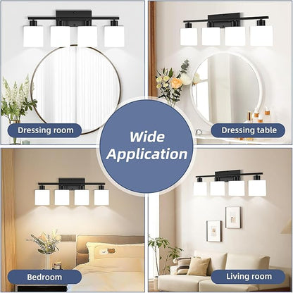SILAMPDI Black Bathroom Light Fixtures Over Mirror, 4-Light Vanity Lights for Bathroom, Modern Wall Sconces Lighting for Bedroom Living Room, Milky White Glass Shades, E26 Base, Bulbs Not Included
