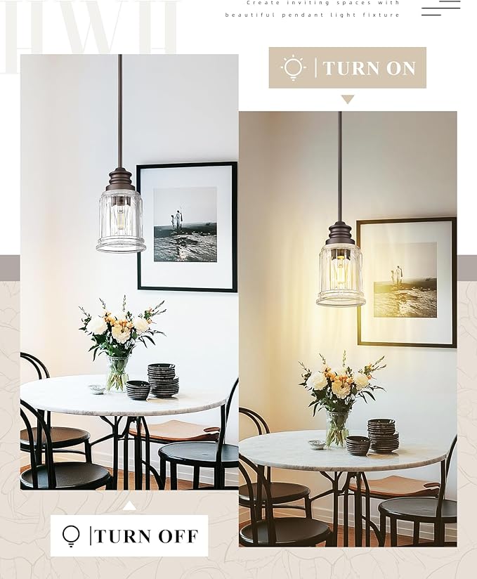 Modern Pendant Light 2Pack, HWH Adjustable Hanging Pendant Lighting in Oil-Rubbed Bronze Finish, Hanging Kitchen Lights with Bell-Shaped Fluted Clear Glass, 5HZG106MIL-2L ORB