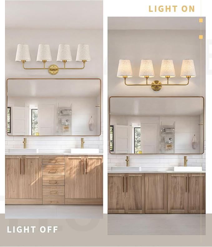 AUTELO Gold Vanity Light, 4 Light Bathroom Vanity Light with Fabric Linen Shade, Lighting Fixtures Over Mirror, Vanity Light Fixture for Bathroom Dressing Room, W2664-4 BG