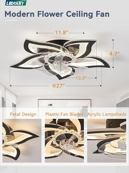 LEDIARY Flower Ceiling Fans with Lights, Black Small Modern Low Profile Ceiling Fan, Dimmable LED Ceiling Light Fixture, Flush Mount Ceiling Fans with Remote for Bedroom, Kitchen, Indoor-27 Inch