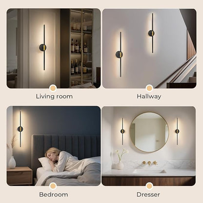 GvvooHome 28.3" Battery Operated Wall Sconces Set of 2, 360°Rotation Rechargeable Wall Lights with Remote Control, 3000K-6500K LED Detachable Wall Lamp for Bedroom, Hallway, Black Gold