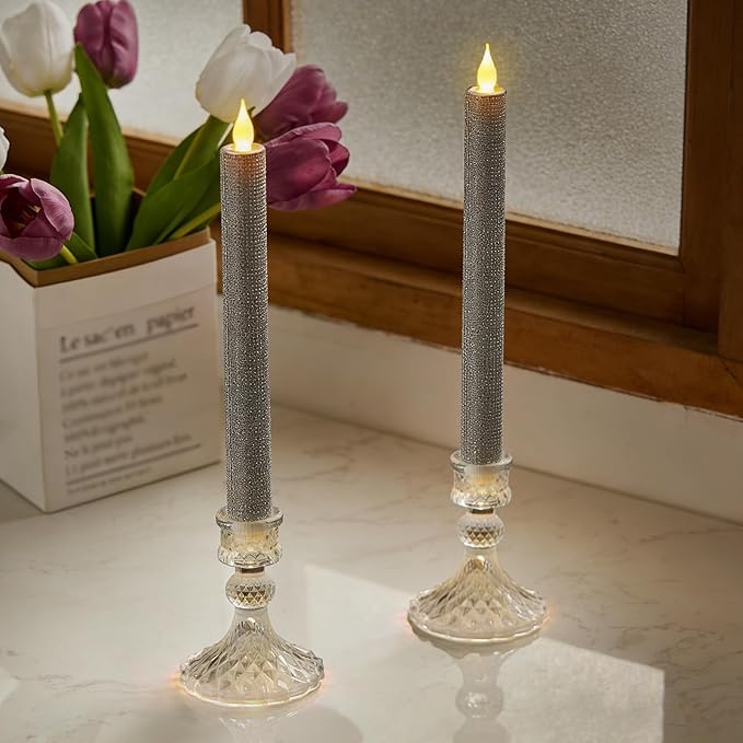 LED Flameless Taper Candles with Remote Control,Set of 2, Silver Glitter Finish, Crystal Glass Candlestick Holders, Timer Function (Silver LED)