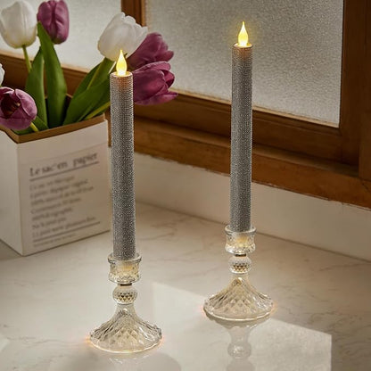 LED Flameless Taper Candles with Remote Control,Set of 2, Silver Glitter Finish, Crystal Glass Candlestick Holders, Timer Function (Silver LED)
