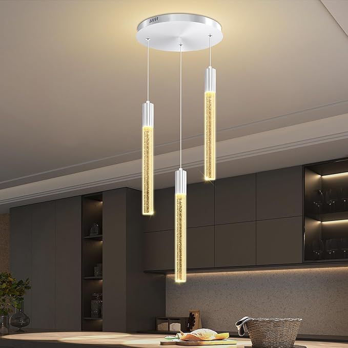 Modern LED Bubble Crystal Chandelier Dimmable Pendant Light Kitchen Island Dining Room Living Room Foyer Corner Hanging Ceiling Fixture Silver 3-Light