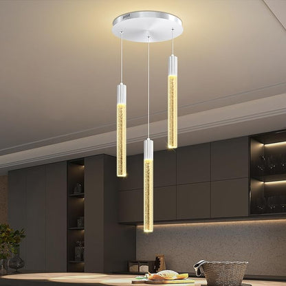 Modern LED Bubble Crystal Chandelier Dimmable Pendant Light Kitchen Island Dining Room Living Room Foyer Corner Hanging Ceiling Fixture Silver 3-Light