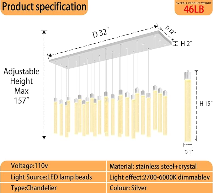 Modern Rectangular Crystal Chandeliers LED Dimmable Crystal Column Chandelier Living Room Foyer Crystals Pendant Light for Dining Room Adjustable Height 24-Light Silver