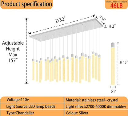 Modern Rectangular Crystal Chandeliers LED Dimmable Crystal Column Chandelier Living Room Foyer Crystals Pendant Light for Dining Room Adjustable Height 24-Light Silver