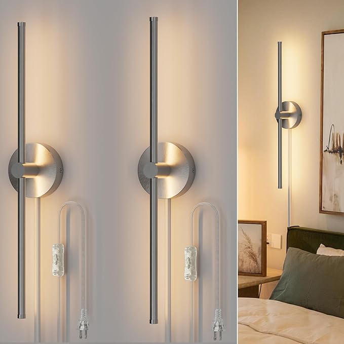 ZAGO 24 Inch Plug in or Hardwired Linear Wall Sconce Set of 2, Modern LED Wall Lights with On/Off Switch, Renter Friendly Plug and Play Option, 5CCT Switchable, Dimmable, Brushed Nickel
