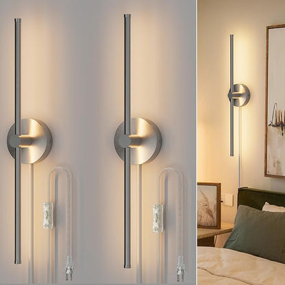 ZAGO 24 Inch Plug in or Hardwired Linear Wall Sconce Set of 2, Modern LED Wall Lights with On/Off Switch, Renter Friendly Plug and Play Option, 5CCT Switchable, Dimmable, Brushed Nickel