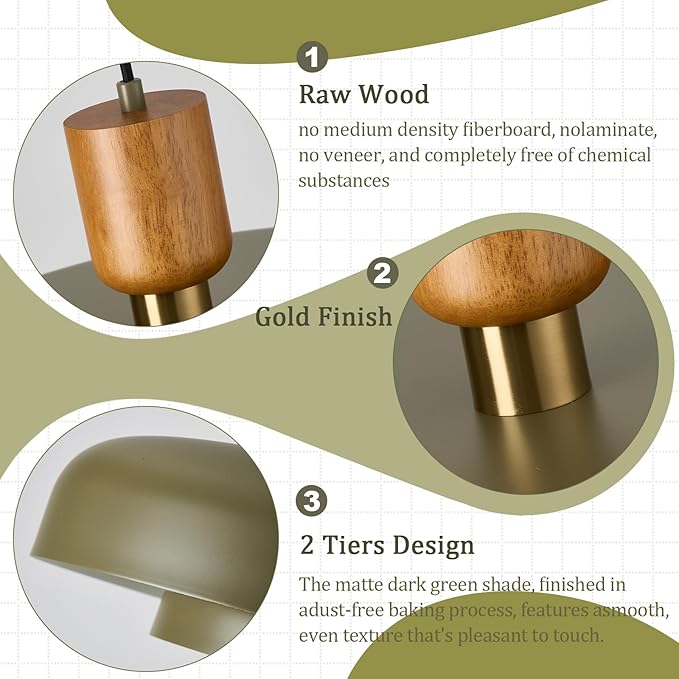 Mid Century Pendant Light 19.68" - Natural Wood Brass Accent, 2-Layer Deep Green Shade for Dining Room Kitchen
