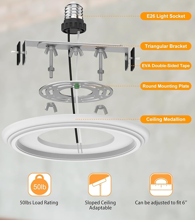 Recessed to Pendant Light Converter Kit - 6 Inch Can Light Conversion, Includes E26 Socket, Mounting Bracket, Round Ceiling Plate & 3D White Cover