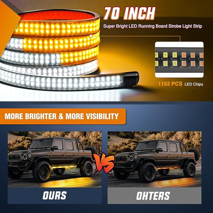 Nilight 2PCS 70 Inch Emergency Strobe Light Strip 1125 LED Running Board Lights Amber White Flexible Side Flashing Warning Caution Safety Waterproof for Truck Construction Vehicles Pickup