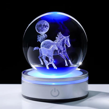 Crystal 3D Moon and Horses 3.15in Ball Figurine Gifts for Men, Collectible Glass Animal Art Sphere for Room with LED Light Base Keepsakes for Horse Lovers Home Decor