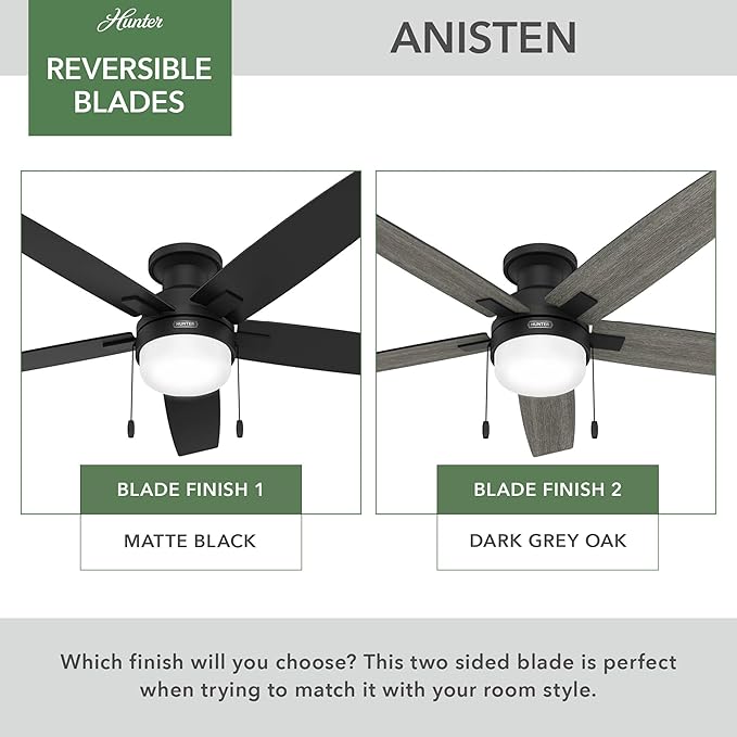 Hunter Ceiling Fan with LED Light - Black Ceiling Fan with Pull Chain, For Bedroom or Living Room, Standard Mount, No Remote, 5 Blades, Includes Bulbs - Anisten (Matte Black, 52 Inch)