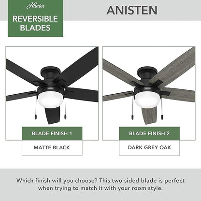 Hunter Ceiling Fan with LED Light - Black Ceiling Fan with Pull Chain, For Bedroom or Living Room, Standard Mount, No Remote, 5 Blades, Includes Bulbs - Anisten (Matte Black, 52 Inch)