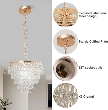 FRIXCHUR 11.8'' Crystal Chandelier Gold Crystal Ceiling Light Led Flush Mount Crystal Ceiling Pendant Light Metal LED Crystal Pendant Light for Bedroom Living Room Foyer