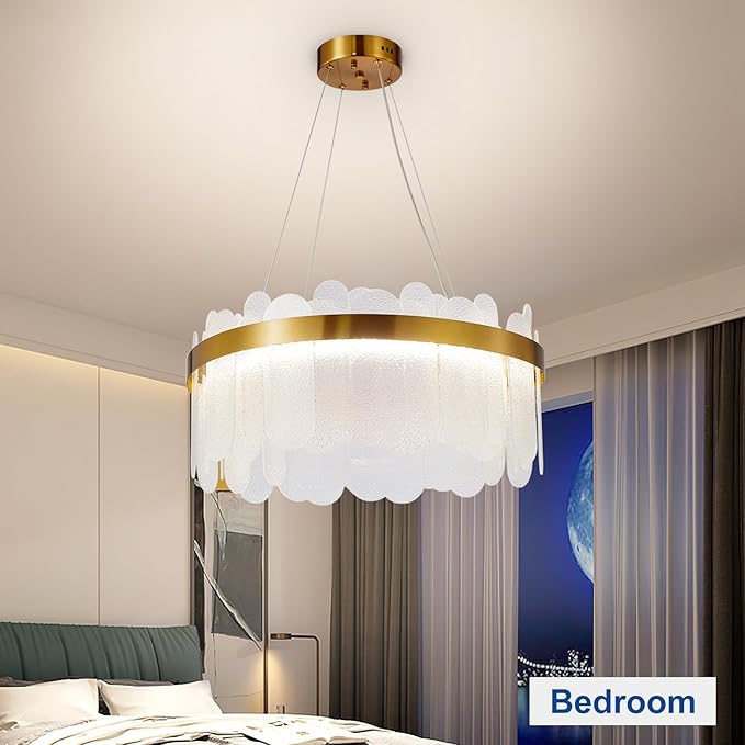 Depuley Modern Gold Glass Chandeliers: 23.6" Dimmable LED Chandeliers Light Fixture with Remote Control - 3 Colors Contemporary Pendant Ceiling Light for Dining Living Room Kitchen Island Foyer