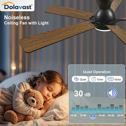 Ceiling Fans with Lights, 52 Inch Low Profile Ceiling Fan with Light and Remote Control, Flush Mount, Reversible, 3CCT, Dimmable LED, Quiet, Black Ceiling Fan for Bedroom, Living Room