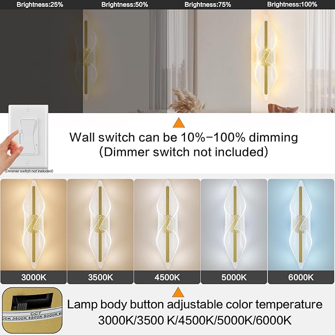 Modern Wall Sconce Lights Gold Wall Lghting LED Dimmable Wall Lamp for Living Room Hallway Bathroom Bedroom Stairs Indoor 22.4In