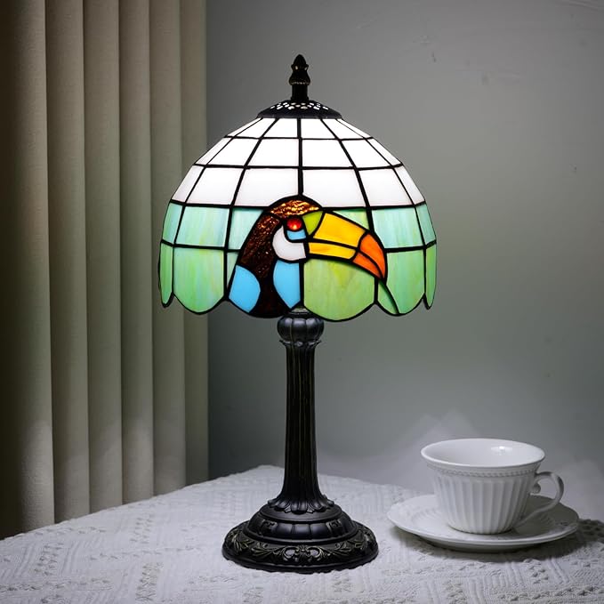 Tiffany Style 8 Inch Big-Billed Bird Stained Glass Table Lamp,Handmade Accent Lamp With Resin Base Retro Night Light For Bedroom, Office Living Room,Restaurant Farmhouse Decor Ambient Lighting