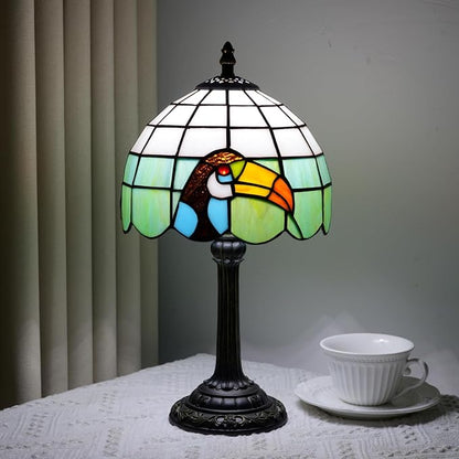 Tiffany Style 8 Inch Big-Billed Bird Stained Glass Table Lamp,Handmade Accent Lamp With Resin Base Retro Night Light For Bedroom, Office Living Room,Restaurant Farmhouse Decor Ambient Lighting