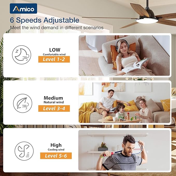 Amico Ceiling Fans with Lights, 60 inch Smart Ceiling Fan with Remote/APP/Alexa Control, Reversible DC Motor, 5 Blades, 6 Speeds, 3CCT, Dimmable, Noiseless, Ceiling Fan for Farmhouse, Bedroom, Brown