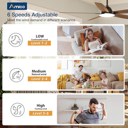 Amico Ceiling Fans with Lights, 60 inch Smart Ceiling Fan with Remote/APP/Alexa Control, Reversible DC Motor, 5 Blades, 6 Speeds, 3CCT, Dimmable, Noiseless, Ceiling Fan for Farmhouse, Bedroom, Brown