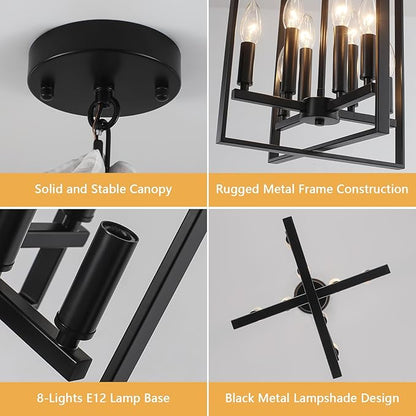 12.79" Black Chandelier 8-Light Modern Farmhouse Chandeliers for Dining Room Light Fixture Rustic Adjustable Pendant Light Fixtures Vintage Chandelier for Foyer Kitchen Entryway Living Room E12