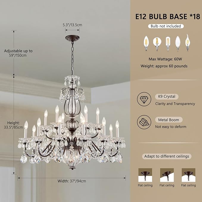 Vintage 2 Layers Crystal Chandelier for High Ceilings, 18-Light Brown Chandelier, Pendant Ceiling Light Fixture for Living Room Hallway Lobby Foyer Entrance Hotel Banquet Hall, Dia 37"