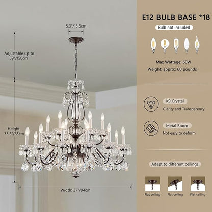 Vintage 2 Layers Crystal Chandelier for High Ceilings, 18-Light Brown Chandelier, Pendant Ceiling Light Fixture for Living Room Hallway Lobby Foyer Entrance Hotel Banquet Hall, Dia 37"