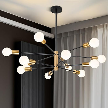 SINERISE Modern Sputnik Chandelier Light Fixture, 12-Light Chandelier Ceiling Light Fixture Black and Gold Mid Century Chandelier Height Adjustable for Kitchen, Living Room, Bedroom, Hallway and Foyer