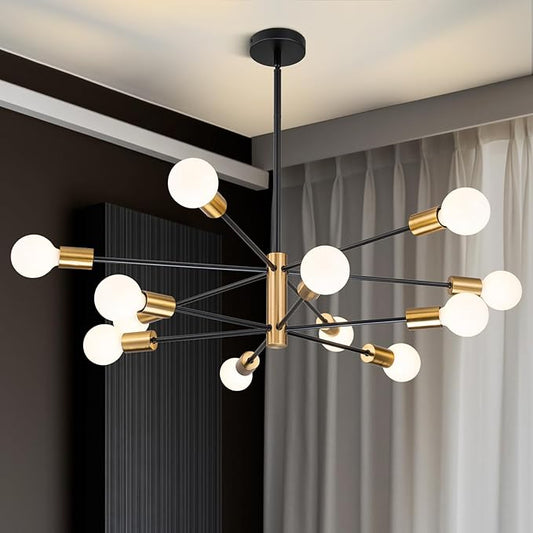 SINERISE Modern Sputnik Chandelier Light Fixture, 12-Light Chandelier Ceiling Light Fixture Black and Gold Mid Century Chandelier Height Adjustable for Kitchen, Living Room, Bedroom, Hallway and Foyer