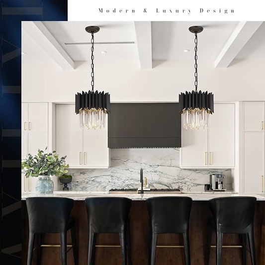 A AXILIXI Black Crystal Chandelier Small K9 Crystal Round Pendant Lights 11.8in Adjustable Modern Crystal Ceiling Pendant Light Fixture 3-Lights for Dining Room Living Room Kitchen Foyer Entryway