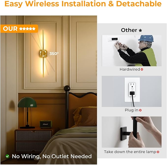 GvvooHome Battery Operated Wall Sconces Set of 2, Wall Lamps Detachable 360°Rotate, 3000-6500K Dimmable with Remote Control, 10000mAh Rechargeable Wall Lights for Bedroom, Living Room 28.3" Gold