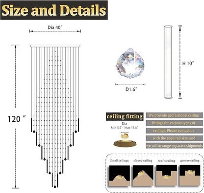 D40''X H120'' Large Chandelier for Staircase, Luxury Foyer Chandelier, Modern Crystal Raindrop Chandeliers Flush Mount Ceiling Light Fixtures for High Ceilings,Entryway LED Dimmable 2700K-6000K