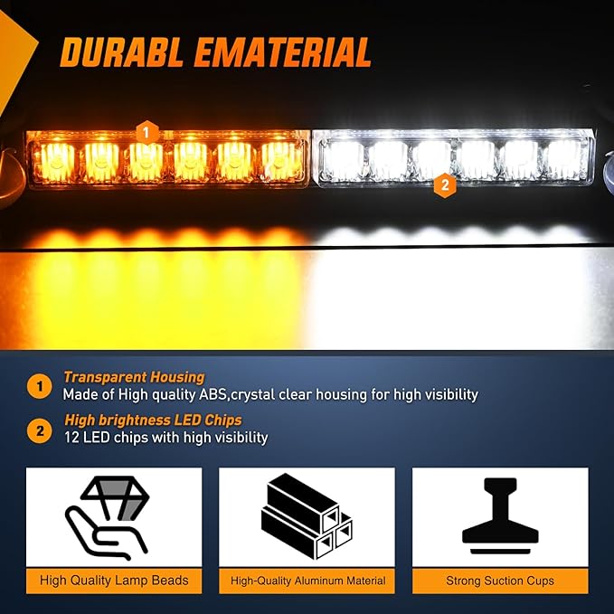 Nilight 12LED Traffic Advisor Strobe Light Bar Amber White Emergency Warning Hazard Safety Dash Front/Rear Windshield Flashing Lights for Cars Trucks Police Firefighter Plow Construction Vehicles